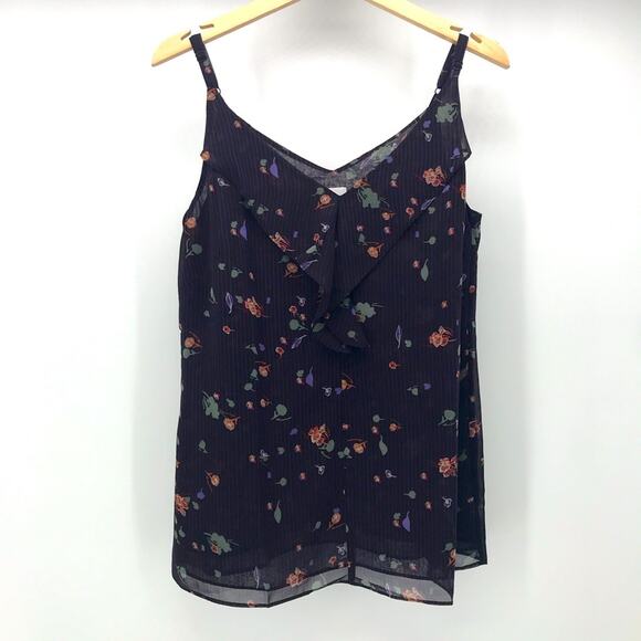 CAbi Belong Pinstripe Cami Style 3607 Womens Small Black Stripe Floral Ruffle V - Picture 1 of 11